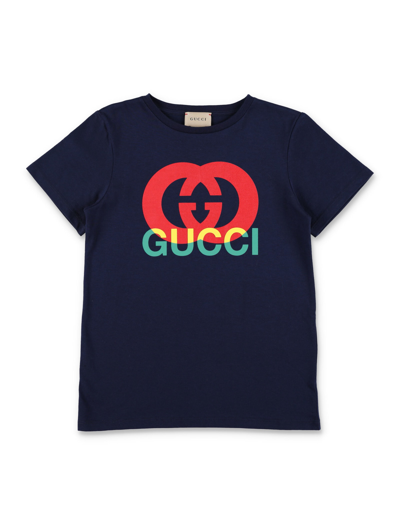 Shop Gucci Printed Cotton T-shirt In Blue