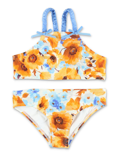Shop Zimmermann Halcyon Gathered Strap Bikini In Orange/blue Floral