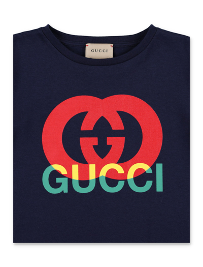 Shop Gucci Printed Cotton T-shirt In Blue