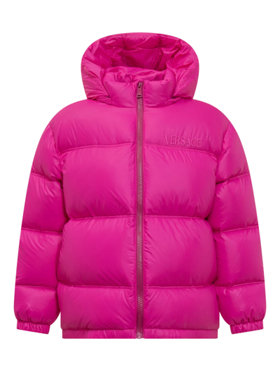 Shop Versace Down Jacket With Logo In Fuxia