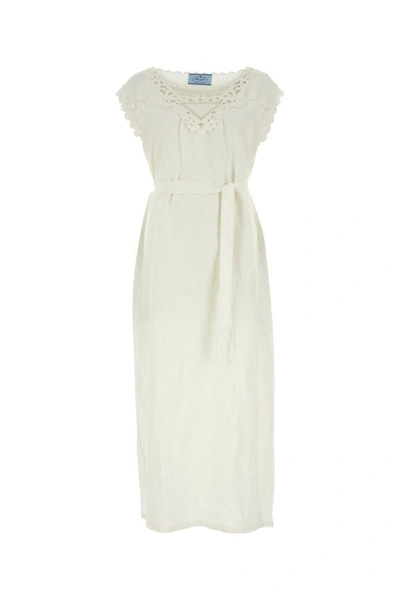 Shop Prada Woman Ivory Linen Dress In White