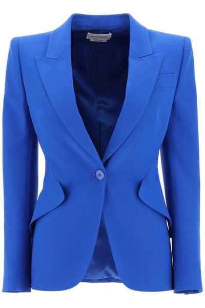 Shop Alexander Mcqueen Single-breasted Jacket In Crepe In Blue