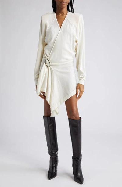 Shop Attico Hurely Side Belt Long Sleeve Wool Minidress In Ivory