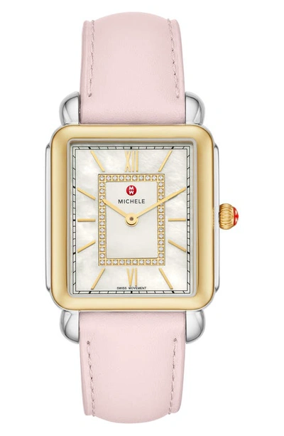 Shop Michele Deco Ii Diamond Leather Strap Watch, 30mm In Gold