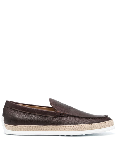 Shop Tod's Almond-toe Leather Loafers In Brown