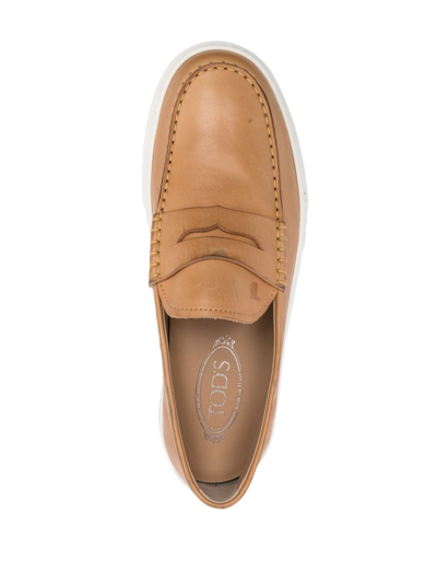 Shop Tod's Rubber-sole Leather Loafers In Brown