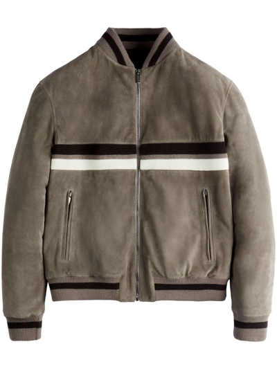 Shop Tod's Striped Suede Bomber Jacket In Neutrals