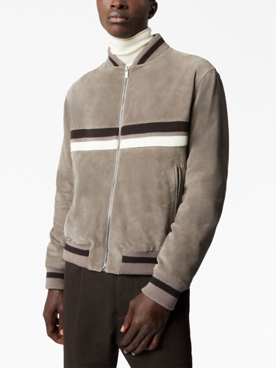 Shop Tod's Striped Suede Bomber Jacket In Neutrals