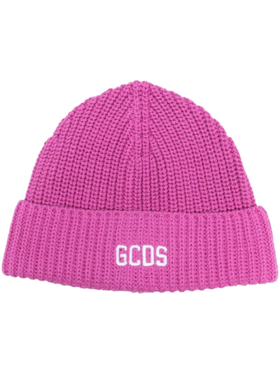 Shop Gcds Logo-embroidered Knitted Beanie In Pink