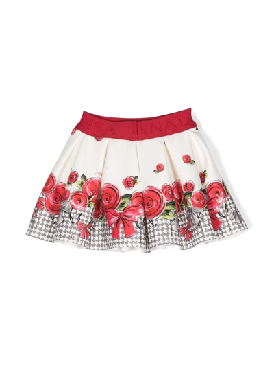 Monnalisa Logo-waistband Floral-print Skirt In White