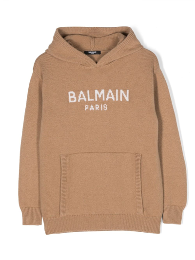 Shop Balmain Intarsia-knitted Logo Hoodie In Brown