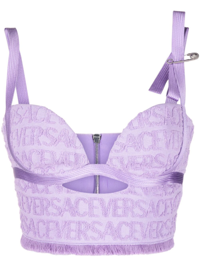 Shop Versace Allover-jacquard Bustier Top In Purple