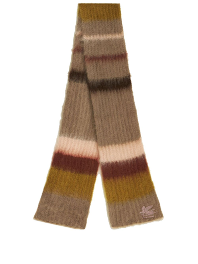 Shop Etro Striped Ribbed-knit Scarf In Brown