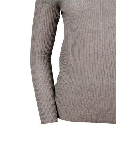 Shop Fabiana Filippi Lightweight Turtleneck Long-sleeved Sweater In Soft And Fine Wool, Silk And Cashmere With Small Rib  In Nut