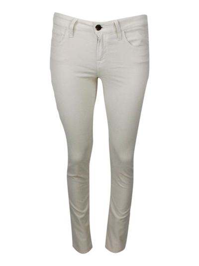 Shop Jacob Cohen Kimberly Cigarette Cut Trousers In Soft Smooth Stretch Velvet With 5 Pockets With Zip And Button Clo In Cream
