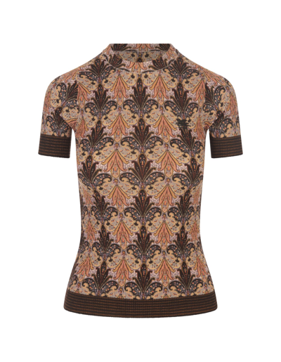 Shop Etro Brown Knit T-shirt With Paisley Print In Marrone