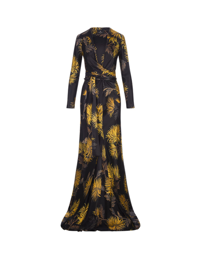 Shop Etro Black Wrap Long Dress With Dahlias In Nero