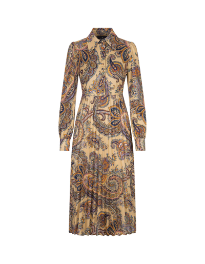 Shop Etro Beige Midi Shirt Dress With Paisley Ramage Motifs In Marrone