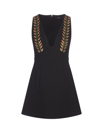 Shop Etro Black Wool Mini Dress With Floral Embroidery In Nero