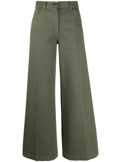 Aspesi Cotton High Waist Wide Leg Trousers In Green