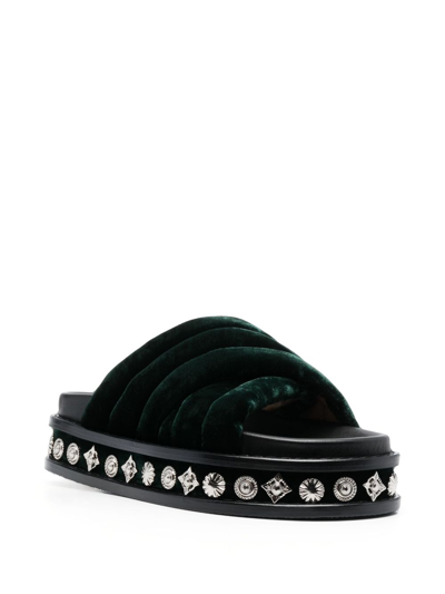 Shop Toga Studded 50mm Velvet Slides In Green