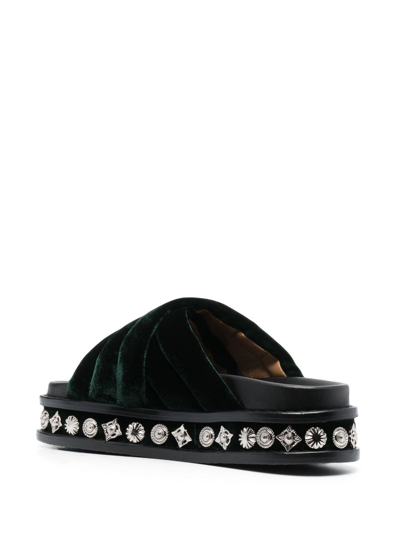 Shop Toga Studded 50mm Velvet Slides In Green