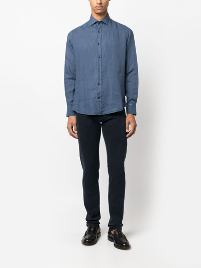 Shop Paul & Shark Logo-embroidered Linen Shirt In Blue