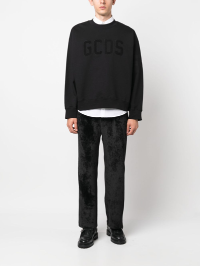 Shop Gcds Logo-embroidered Velvet Trousers In Black