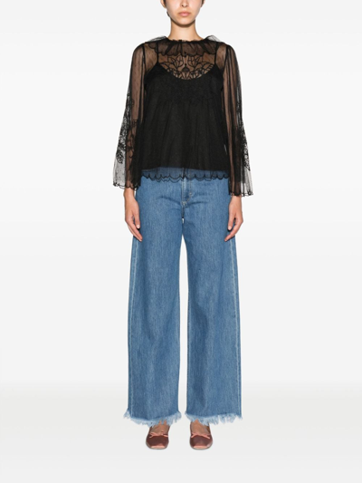 Twinset Layered Lace Long-sleeved Blouse In Black