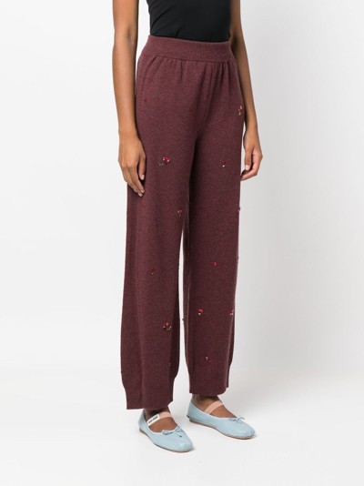 Shop Barrie Floral-embroidery Cashmere Trousers In Red