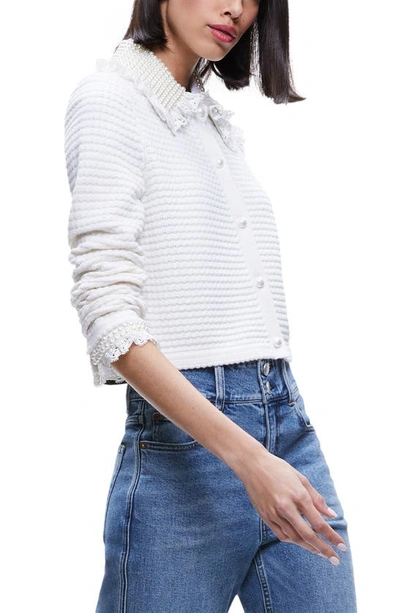 Shop Alice And Olivia Noella Imitation Pearl Detail Cotton & Wool Blend Cardigan In Soft White