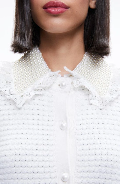 Shop Alice And Olivia Noella Imitation Pearl Detail Cotton & Wool Blend Cardigan In Soft White