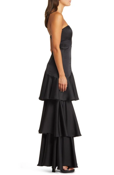 Shop Lulus Blissfully Beautiful Strapless Tiered Satin Gown In Black