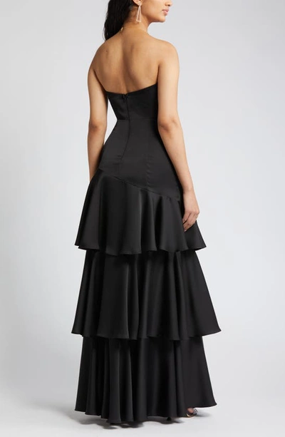 Shop Lulus Blissfully Beautiful Strapless Tiered Satin Gown In Black