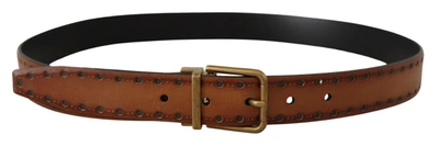 Shop Dolce & Gabbana Leather Dress Brass Metal Logo Buckle Men's Belt In Brown