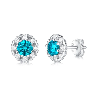 Stella Valentino Radiant Sterling Silver Round Halo Stud Earrings With 0.50ctw Lab-created Moissanite & Blue Topaz, W In Blue