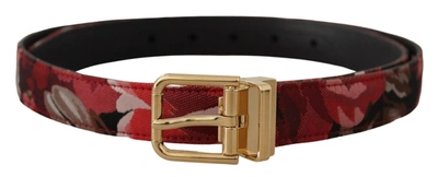 Shop Dolce & Gabbana Jacquard Rose Leather  Metal Buckle Men's Belt In Red
