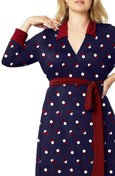 Shop Kiyonna Sophisticate Long Sleeve Wrap Dress In Navy Dot Duo