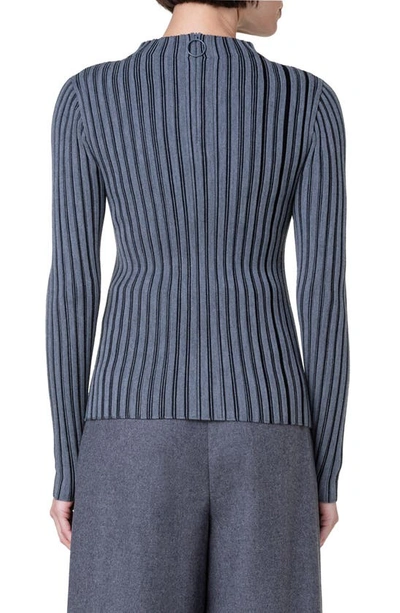 Shop Akris Punto Vertical Stripe Wool Milano Stitch Sweater In 859 Black-slate