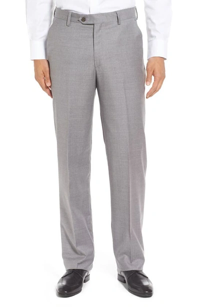 Shop Berle Flat Front Solid Wool Trousers In Light Grey