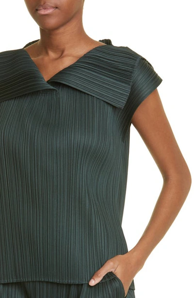 Shop Issey Miyake Monthly Colors Cap Sleeve Plissé Satin Blouse In Dark Green