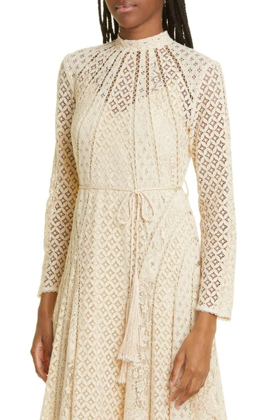 Shop Zimmermann Mixed Lace Panel Long Sleeve Cotton Blend Dress In Light Tea