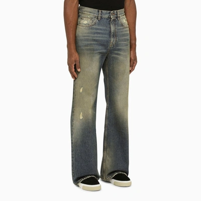 Shop Palm Angels Blue/brown Denim Jeans With Wear Men In Black