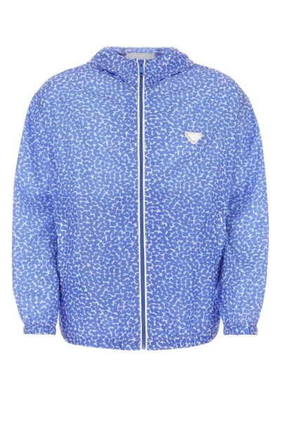 Prada Patterned Lightweight Windbreaker With Elasticated Cuffs In Blue