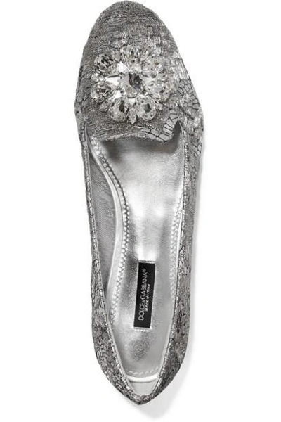Shop Dolce & Gabbana Embellished Lace-covered Mesh Ballet Flats