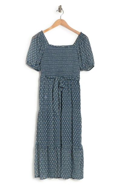 Shop Lucky Brand Smocked Tiered Midi Dress In Dk Blue Medallion