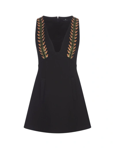 Shop Etro Wool Mini Dress With Floral Embroidery In Black