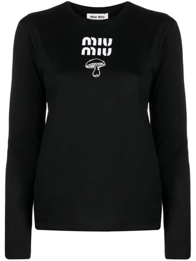 Shop Miu Miu Logo-print Long-sleeve Cotton T-shirt In Nero