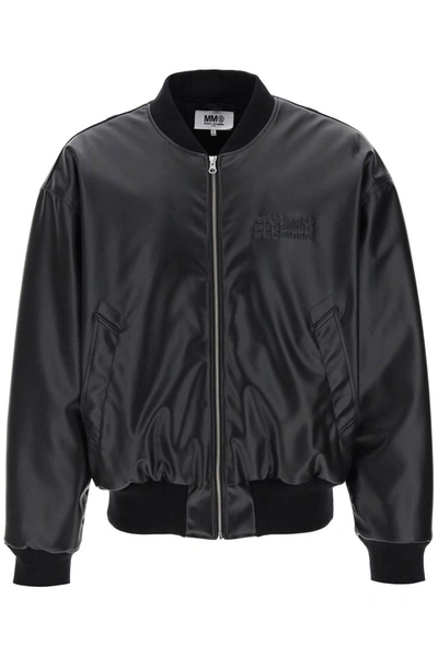 Shop Mm6 Maison Margiela Faux Leather Bomber Jacket In Black