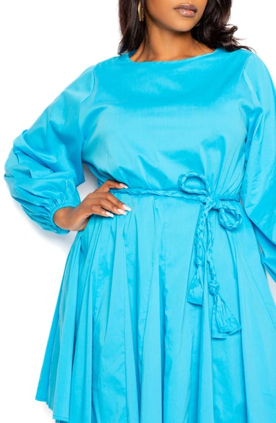 Shop Buxom Couture Tie Belt Long Sleeve A-line Dress In Turquoise